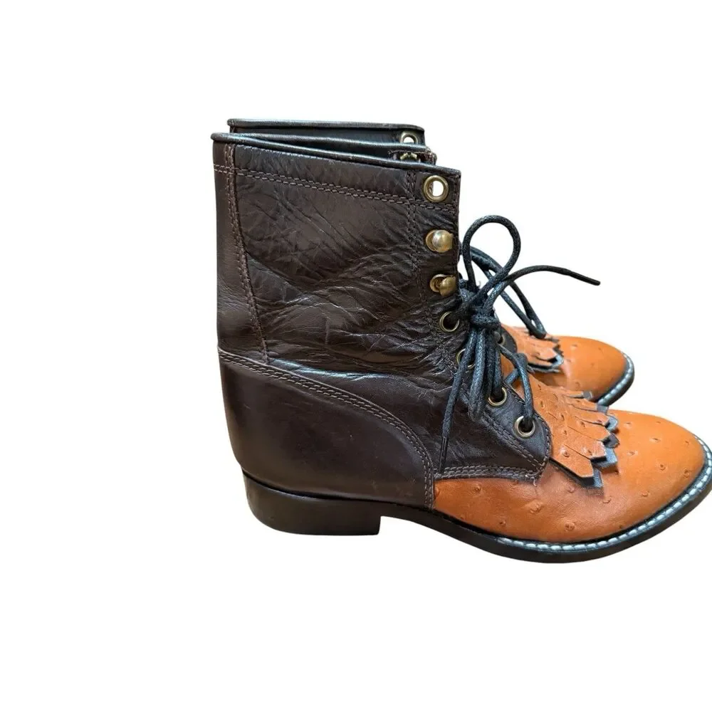 Dan Post Murphy Legend Ostrich Print Lace up Kids Boots Sz 3 Brown Leather Ankle